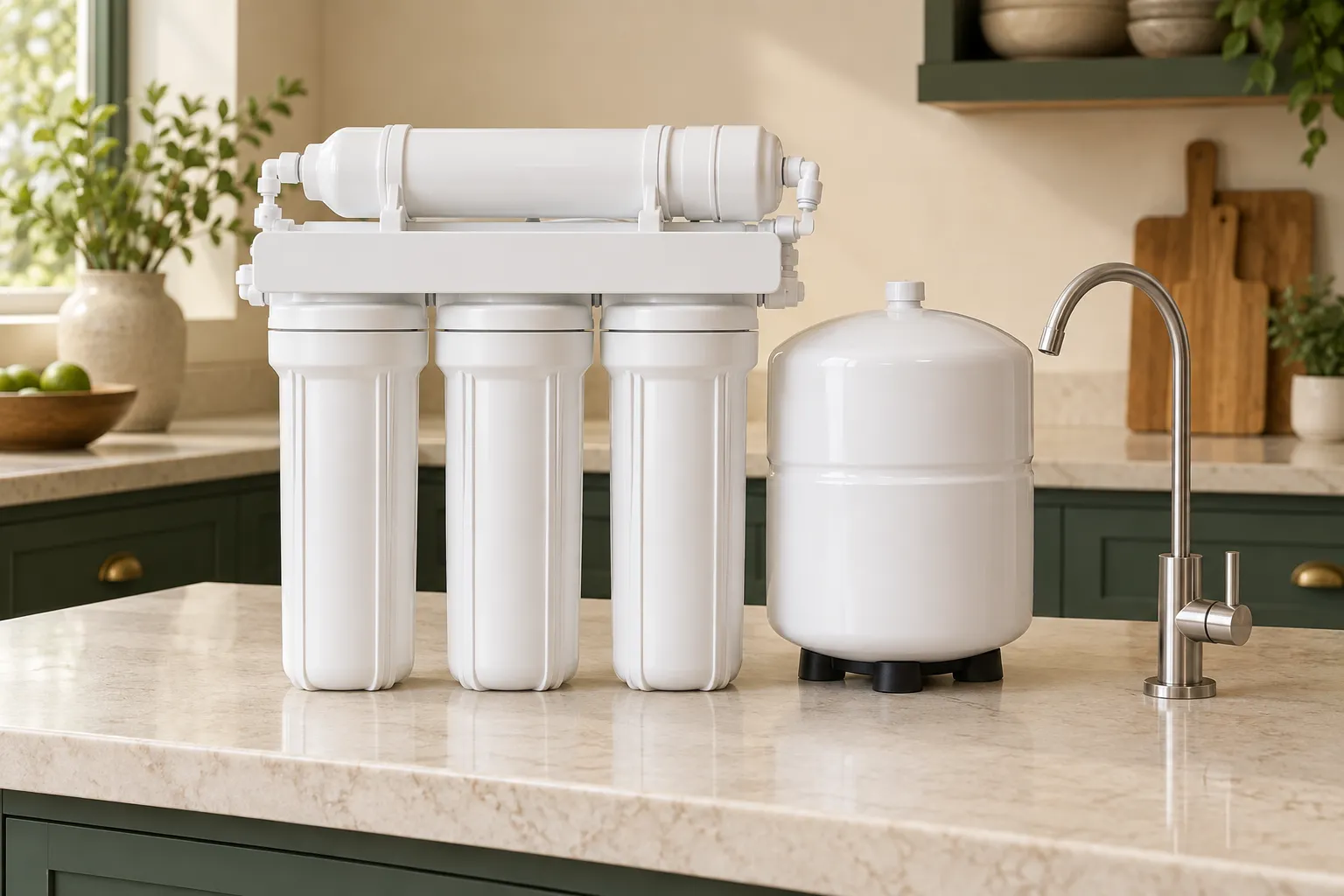 Illustrative drinking-water reverse-osmosis components displayed on a counter