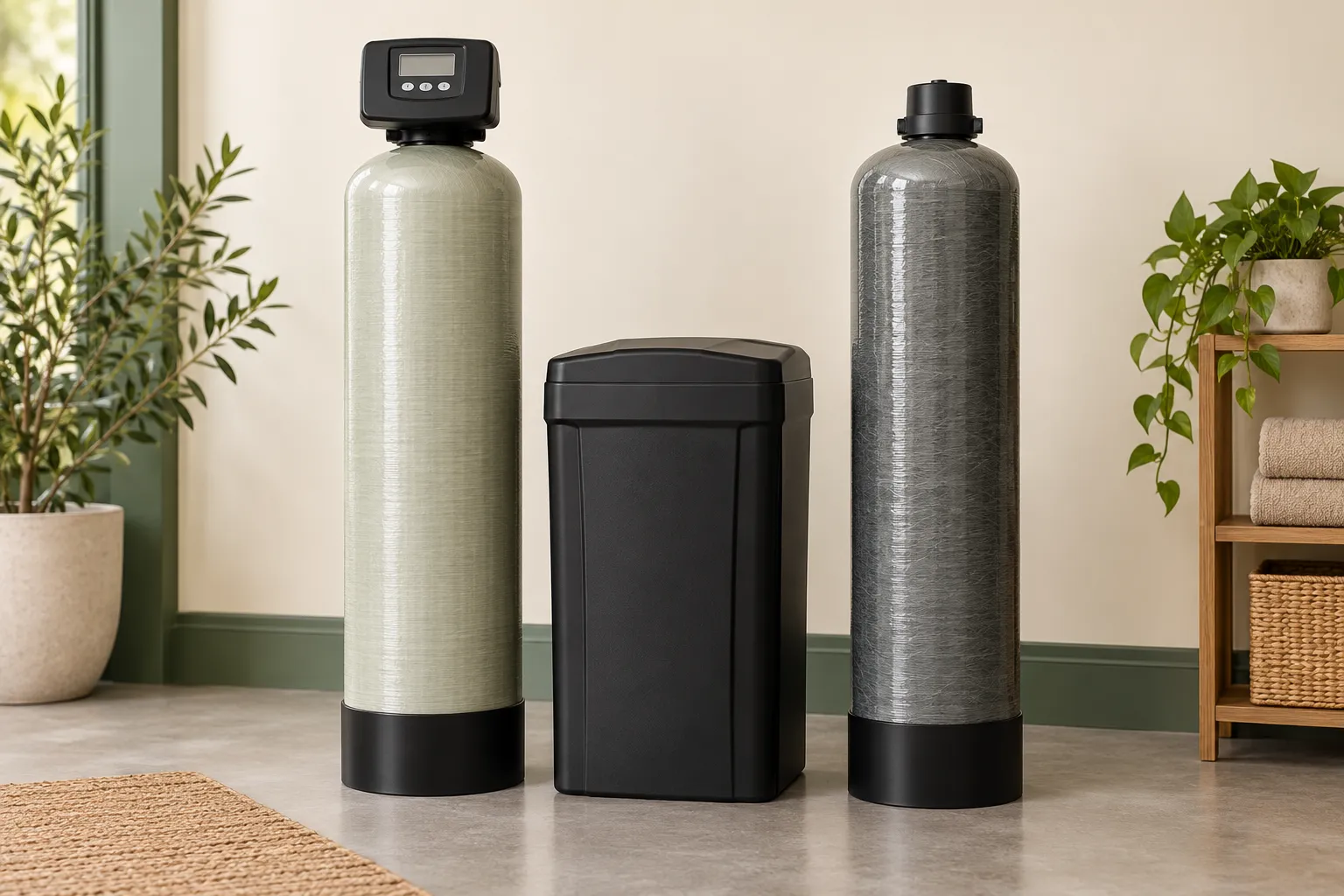 Illustrative softener resin tank, brine cabinet and filtration media tank